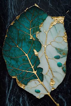 Abstract leaf painting | Green, black gold