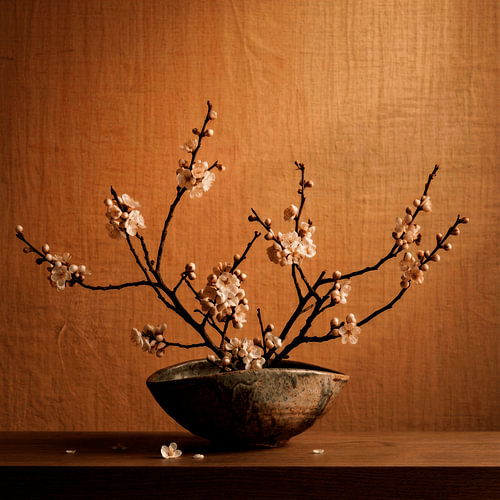 Nature morte pleine de charme : gracieuses fleurs de cerisier dans un plat en céramique