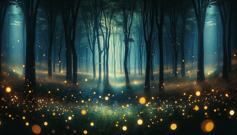 La magie des lucioles dans la forêt matinale par artefacti