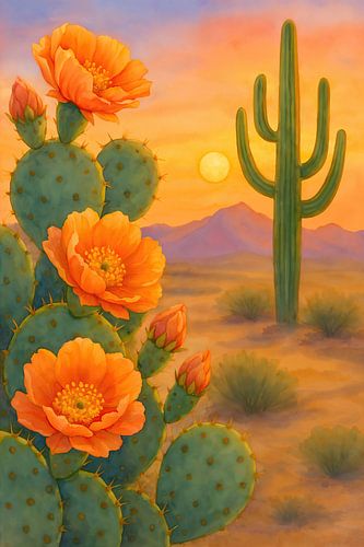 Cactus bloemen in het avondlicht van de woestijn (AI) (Mexico, dor landschap, warm, vrolijk, kleurrijk, aquarel, schilderij)