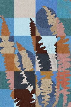 Modern abstract botanical art. Fern leaves on geometric pattern in retro colors 2 by Dina Dankers