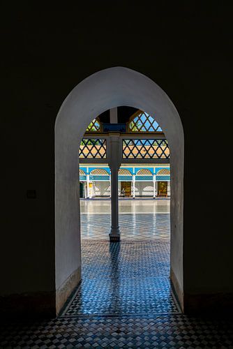 View through a door at the Bahia Palace in Marrakech in Morocco