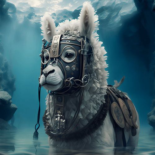 Funny alpaca in a steampunk-style underwater world