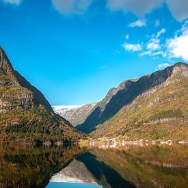Lake in Sandvevatnet Norway with reflection and a glacier in the distance by Benjamien t'Kindt