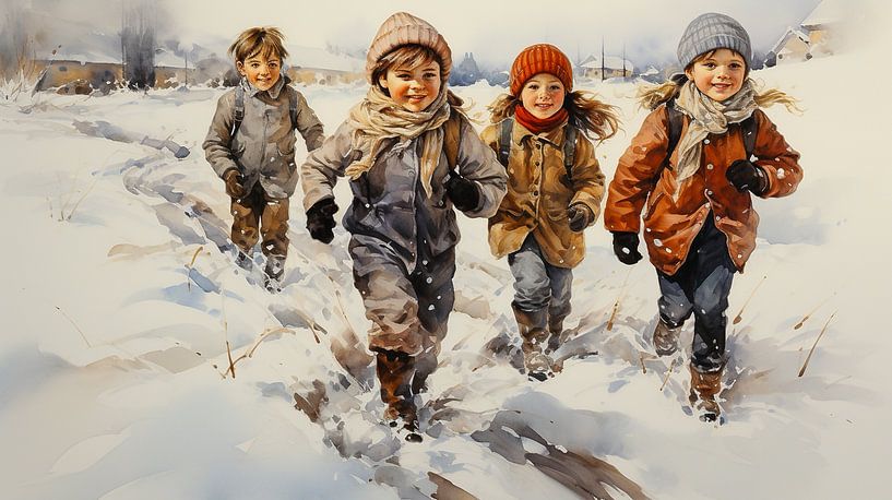 Groupe d'enfants jouant dans un paysage hivernal par Animaflora PicsStock