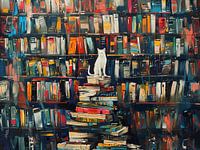 White cat in the library - standing on a rack of books