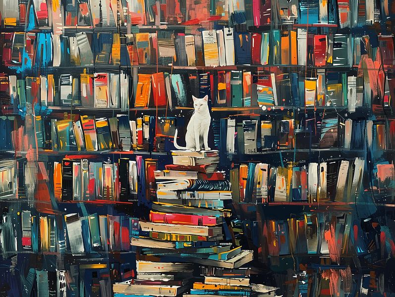 Witte kat in bibliotheek - begin van de dag van Littlewhitecat
