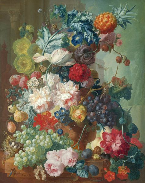 Fruits et fleurs dans un vase en terre cuite, Jan van Os par Des maîtres magistraux