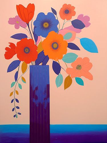 Modernes abstraktes Stilleben. Fröhlicher Blumenstrauß in hoher Vase von STUDIO ARTSY
