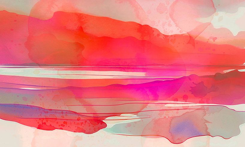 Beach at sunrise, modern abstract in warm colours by Mad Dog Art