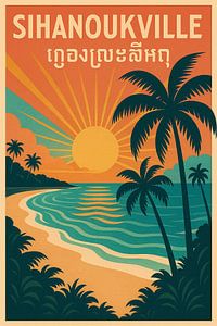 Sihanoukville Vintage Poster - Tropischer Strand Sonnenuntergang & Palmen Kunst