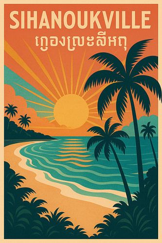 Sihanoukville Vintage Poster – Tropical Beach Sunset & Palm Trees Art