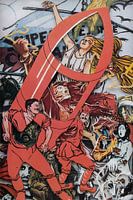Collage in rood met stripfiguur - posters met propaganda uit Rusland in revolutie
