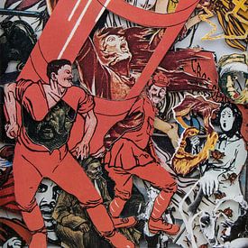 Collage in rood met stripfiguur - posters met propaganda uit Rusland in revolutie van Oscarving