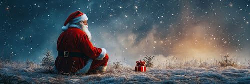 De kerstman overdenkt in de stilte van de natuur