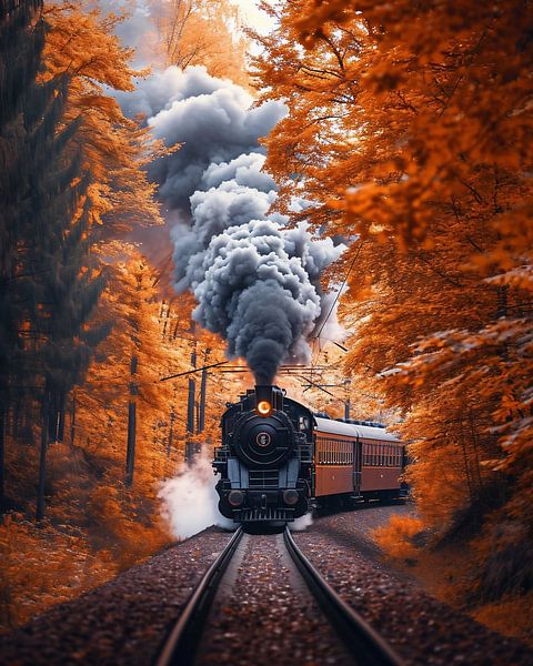 Historische trein in het herfstbos van fernlichtsicht