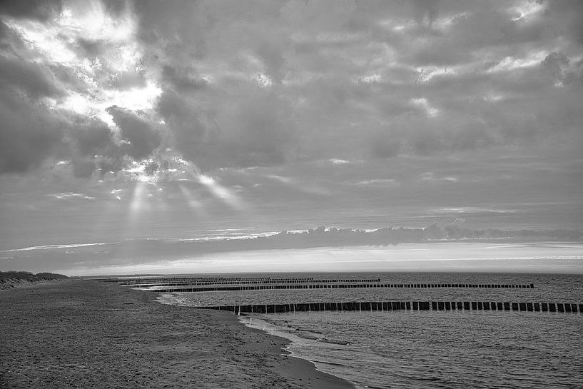 Groyne in Zingst aan de Baltische Zee, die in zee reikt. van Martin Köbsch