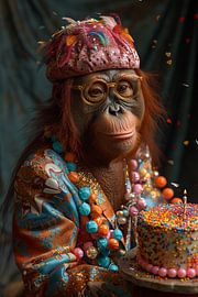 Humoristische foto met orang-oetan in jaren '70 disco outfit verjaardag van Poster Art Shop
