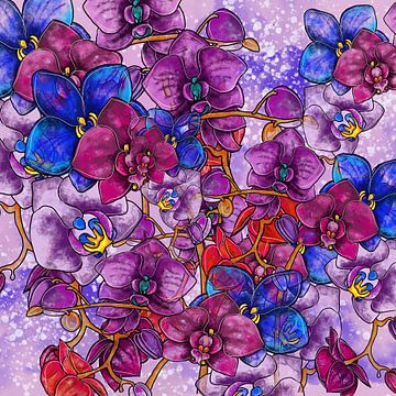 Bloemmotief - kleurrijke orchideeën op zwarte achtergrond van Patricia Piotrak