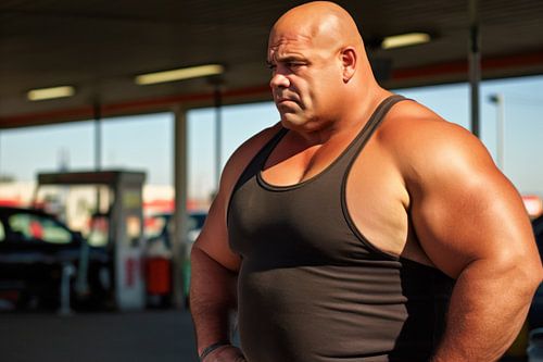 Strongman bij een benzinestation