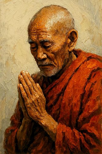Prayer in silence (painting old monk red robe serenity tranquillity wisdom)