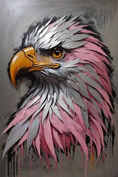 Peinture à l'huile abstraite tête d'aigle argentée et rose sur De Muurdecoratie