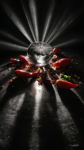 rode pepers - knoflook - limoen - citroen op een zwarte achtergrond met dramatisch licht