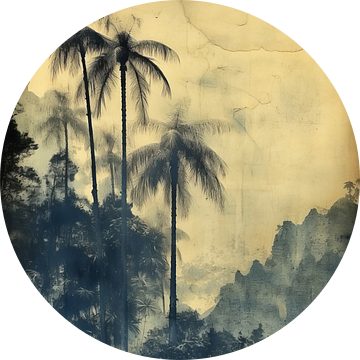 Vintage print in blauw van tropisch landschap van Studio Allee
