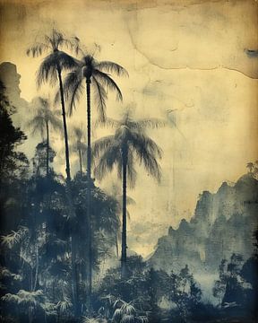 Vintage print in blue of tropical landscape by Studio Allee