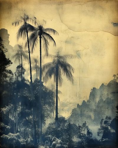 Impression vintage en bleu d'un paysage tropical