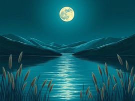 Celestial Nocturne: A Serene Moonlit Lake Amidst Whispering Reeds and Distant Peaks by Artistic
