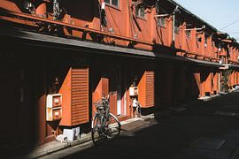 Rue japonaise à l'ombre à Tokyo avec un vélo et des maisons rouges en arrière-plan sur Michiel Dros