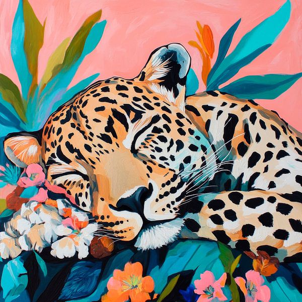 Léopard endormi dans une mer de fleurs par Poster Art Shop