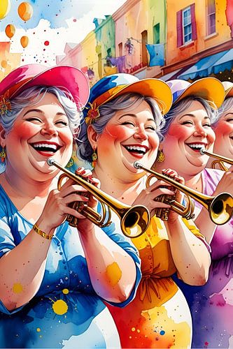 3 gezellige dames spelen trompet op straat