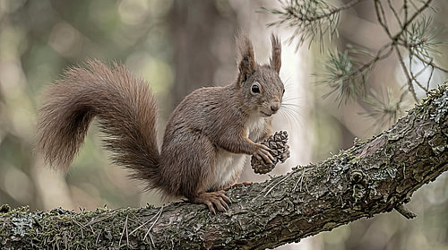 Rotes Eichhörnchen mit Tannenzapfen