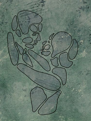 Voor altijd bij elkaar (abstract aquarel schilderij portret man vrouw lijntekening groen Valentijn)