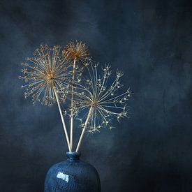 quiet life, dried ornamental onion with blue vase. by Janny Beimers