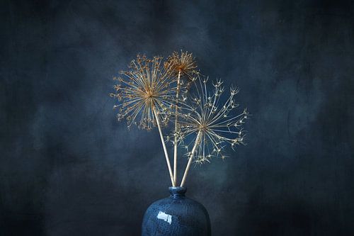ruhiges Leben, getrocknete Zierzwiebel mit blauer Vase. von Janny Beimers