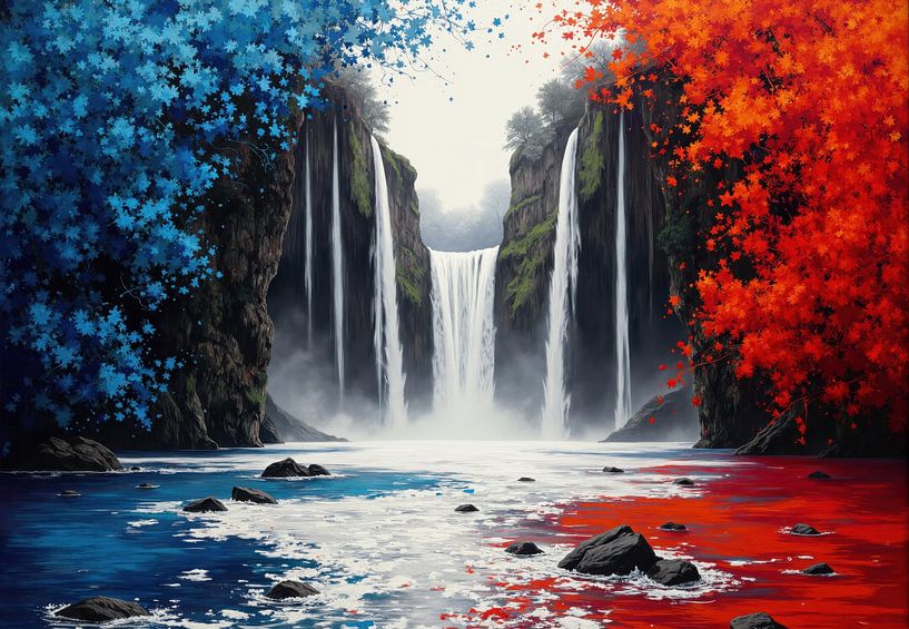Wasserfall-Szene mit geteiltem Pool und Ahornblättern von Markus Gann