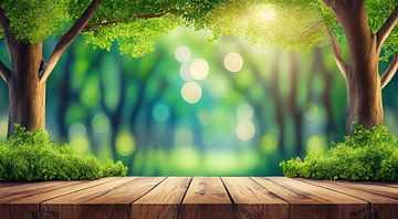 Natuur achtergrond, houten tafel boven wazige groene bomen in de tuin van Animaflora PicsStock