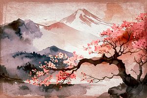 Japanische Frühlingslandschaft: Berg Fuji und blühende Sakura