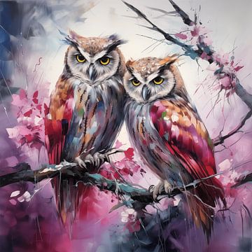 2 owls pink by The Xclusive Art