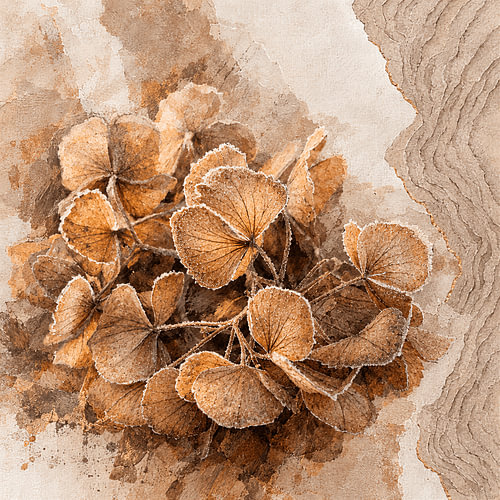 Art botanique en techniques mixtes : hortensia séché dans des tons beige et bronze