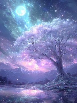 Betoverende nacht met maanverlichte boom