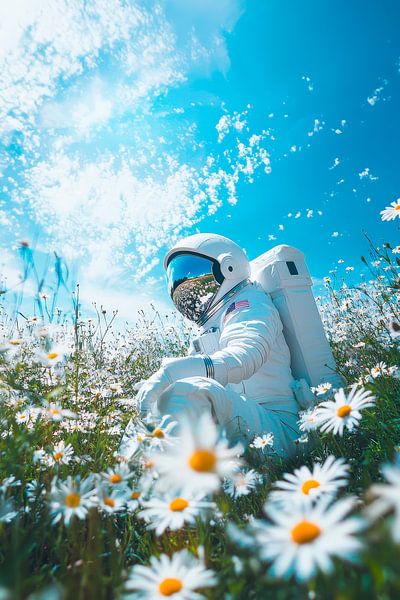 Astronaut in a sea of flowers - dreamlike scenery by Poster Art Shop