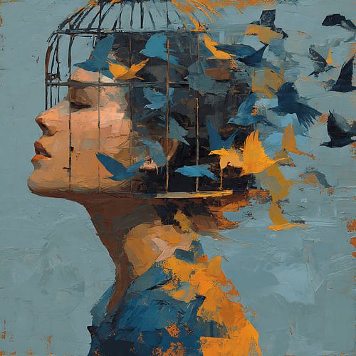 Vrouw met vogels die uit haar hoofd vliegen