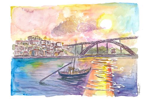 Porto Portugal Altstadt mit Ponte Luís I und Sonnenuntergang