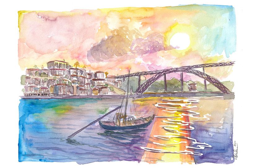 Porto Portugal Oude Stad met Ponte Luís I en zonsondergang van Markus Bleichner