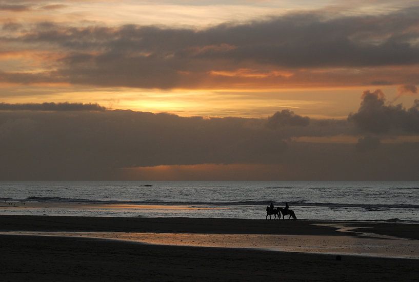 Paarden op het strand tijdens zonsondergang by Margreet Frowijn