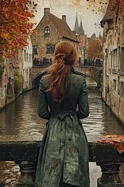 Vrouw met Rood Haar – Brugge Kanaal Collagekunst van BowiScapes - Fine Art en Urban Wandkunst